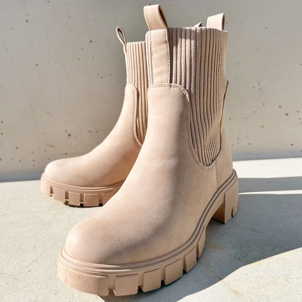 NEW Taupe Beige Chunky Lug Sole Platform Elastic Sock Ankle Chelsea Bootie Boots - Picture 4 of 13